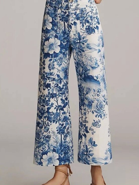Maeve Pants - Maeve Colette Linen Blend High-Rise Wide-Leg Cropped Pants Blue Floral Flowers